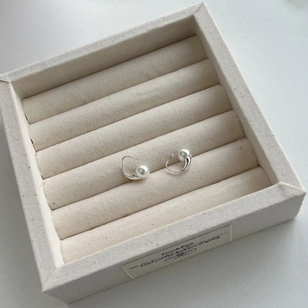 Silver Pearl Geometric Hook Drop Earrings