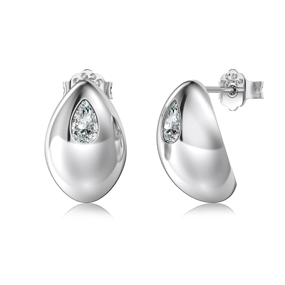 Silver Zircon Pear Cut Curved Water Drop Ear Studs