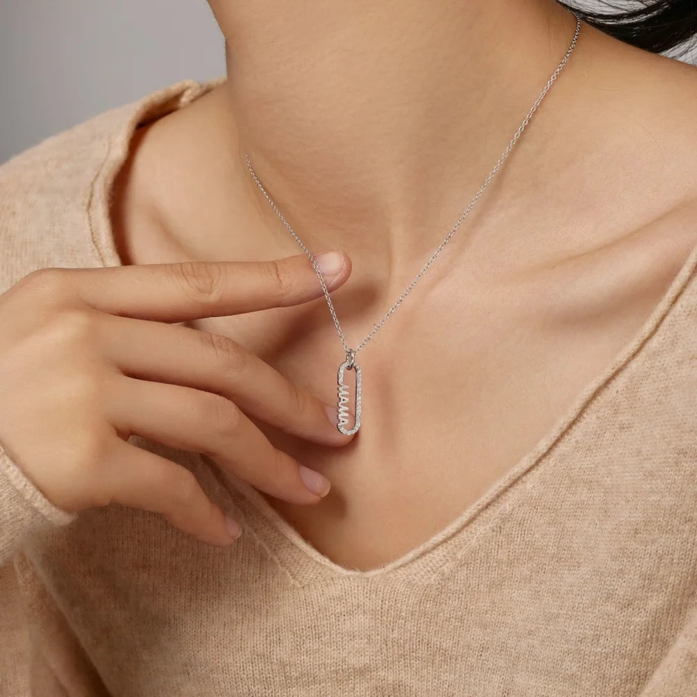 Silver Zircon Round Cut Sided Mama Bar Necklace