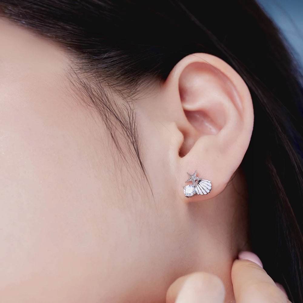 Silver Zircon Round Cut Shell Ear Studs