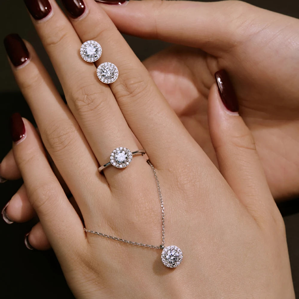 Silver Zircon Round Cut Halo Pendant Necklace