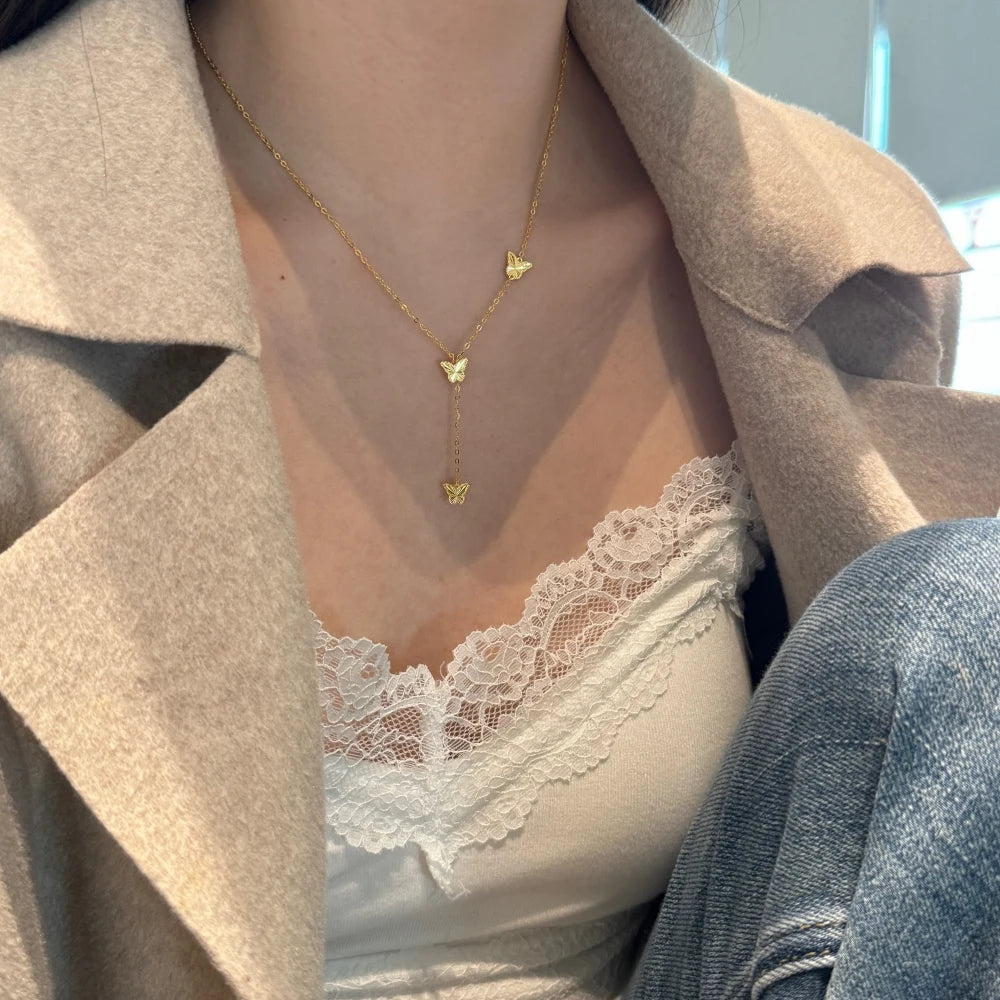 Silver Brushed Stacked Butterfly Chain Necklace