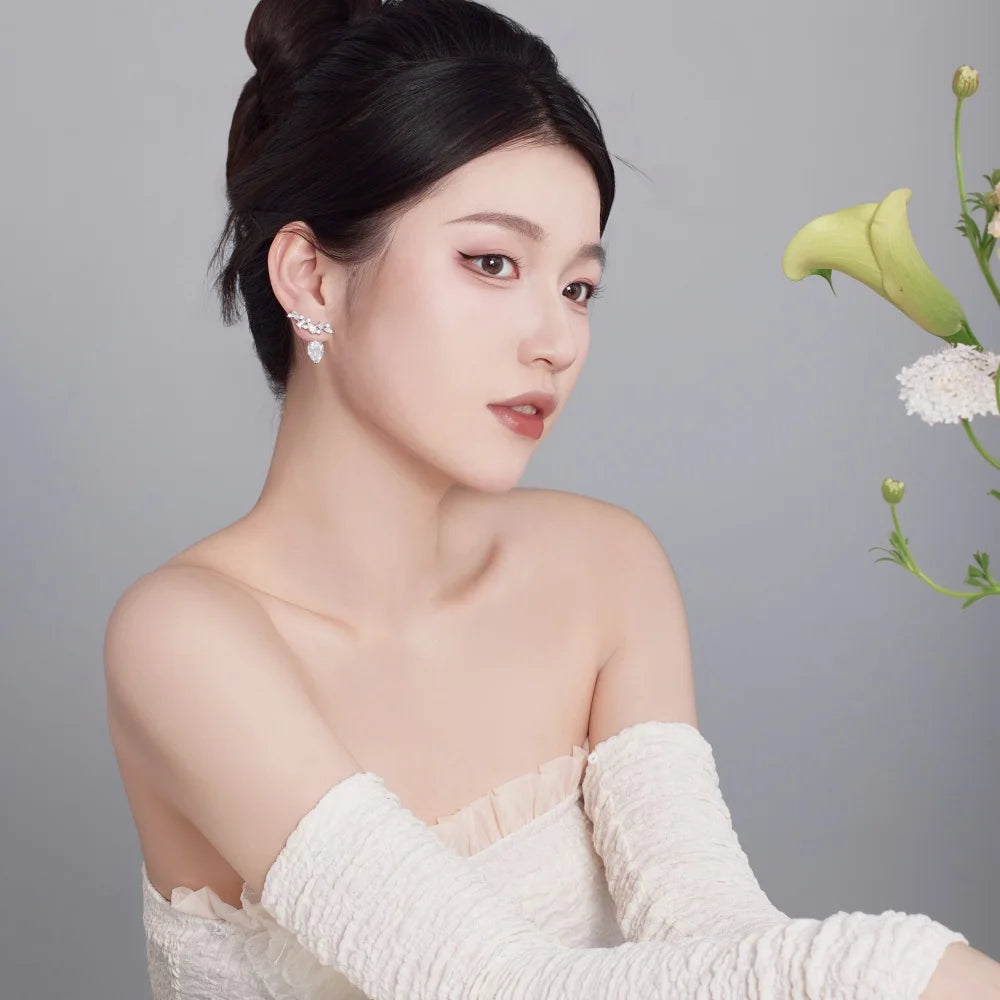 Silver Zircon Pear Cut Irregular Stacked Ear Studs