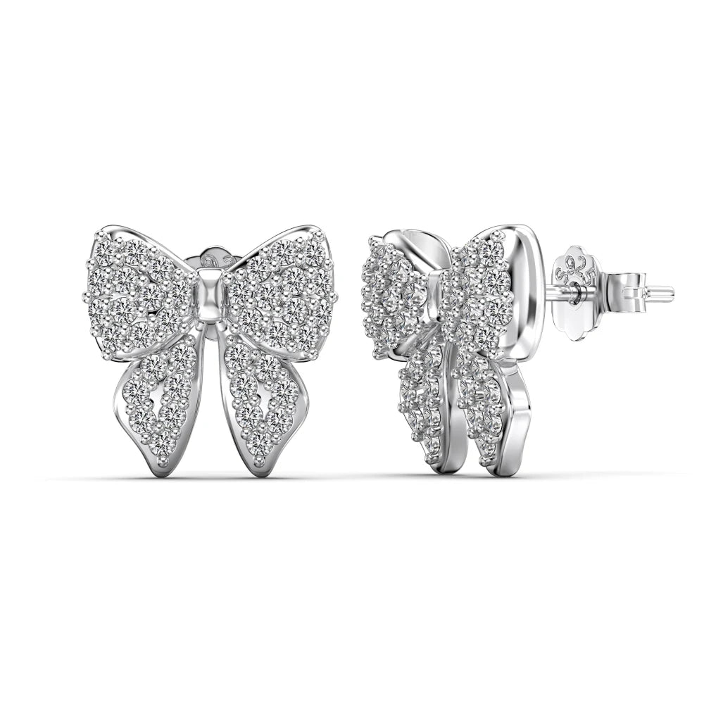 Silver Zircon Round Cut Iced Butterfly Ear Studs