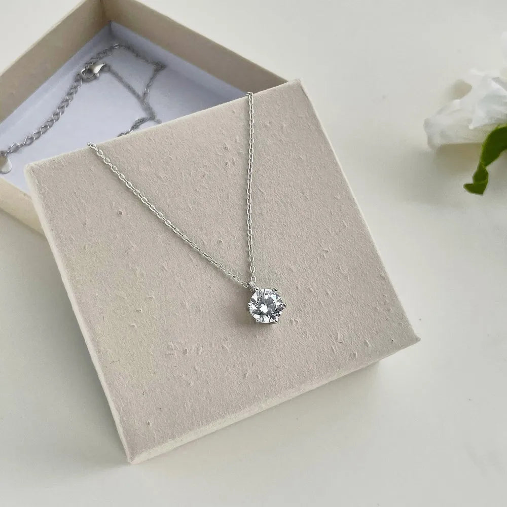 Silver Zircon Round Cut Solitaire Pendant Necklace
