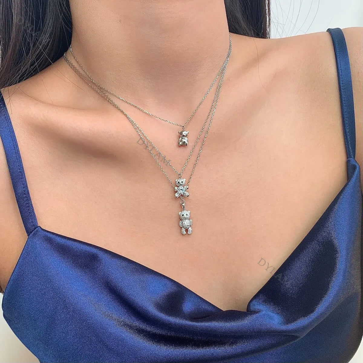 Silver Zircon Round Cut Bear Pendant Necklace