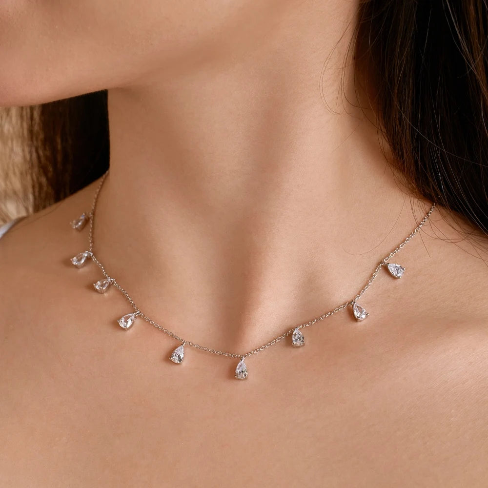 Silver Zircon Pear Cut Tassel Chain Necklace