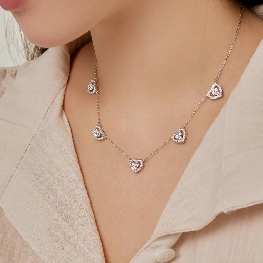 Silver Zircon Round Cut Heart Chain Necklace