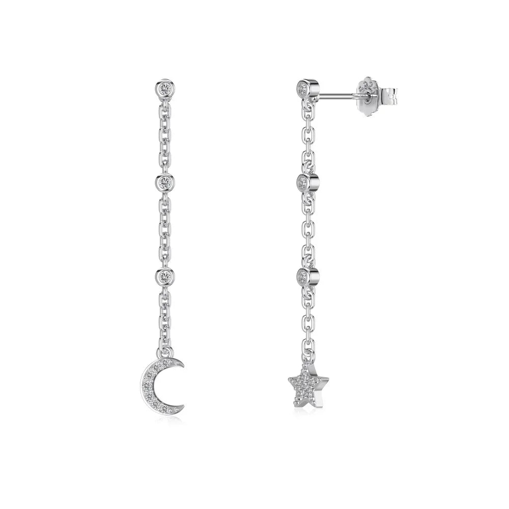 Silver Zircon Round Cut Crescent Star Dangle Drop Earrings