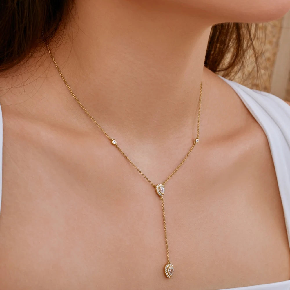 Silver Zircon Pear Cut Dangle Water Drop Pendant Necklace