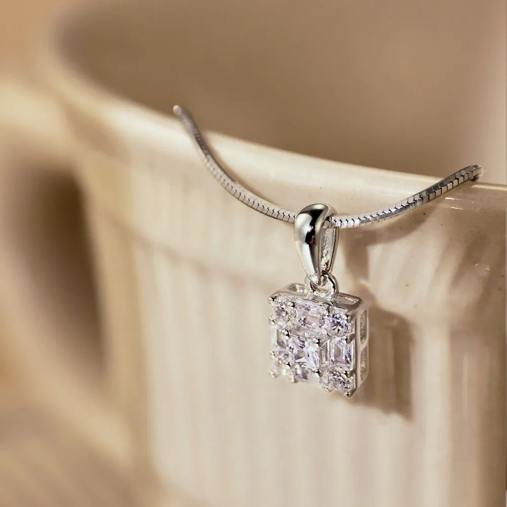Silver Zircon Princess Cut Cube Pendant Necklace