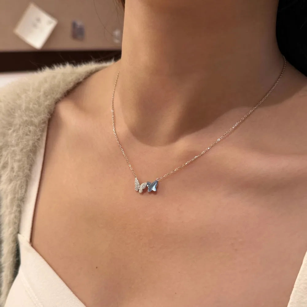Silver Zircon Round Cut Duel Butterfly Pendant Necklace