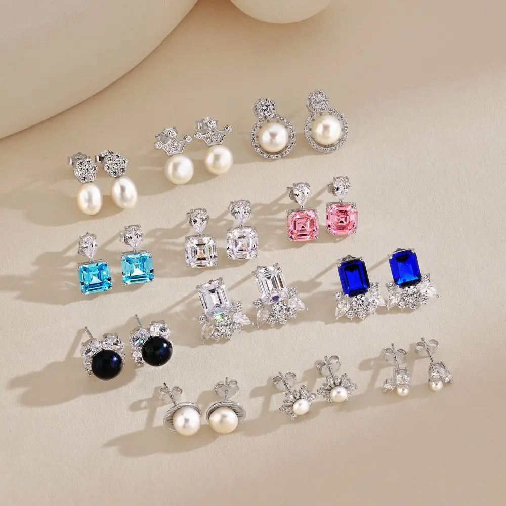 Silver Zircon Emerald Square Cut Squared Tear Ear Studs