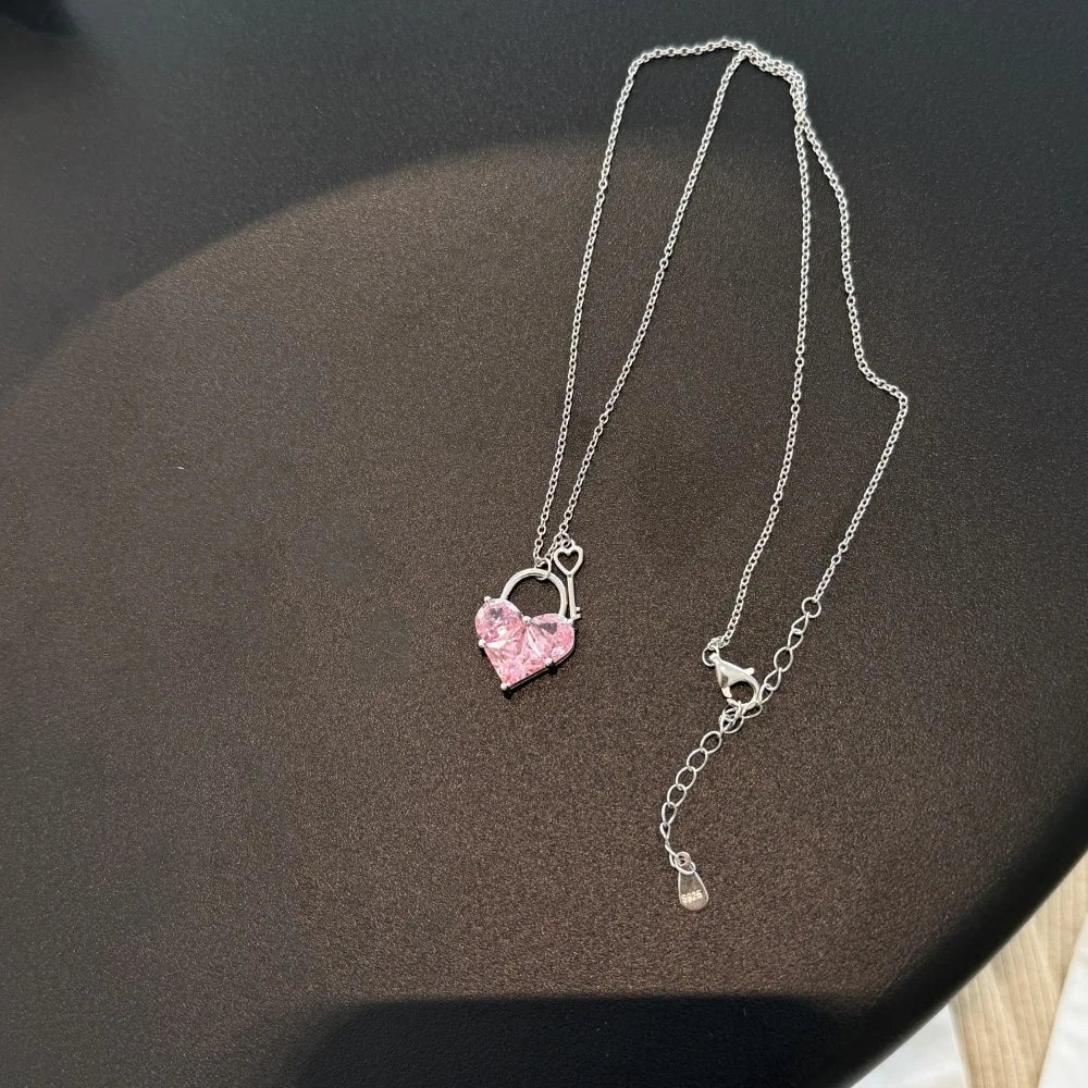 Silver Zircon Princess Cut Love Key Pendant Necklace