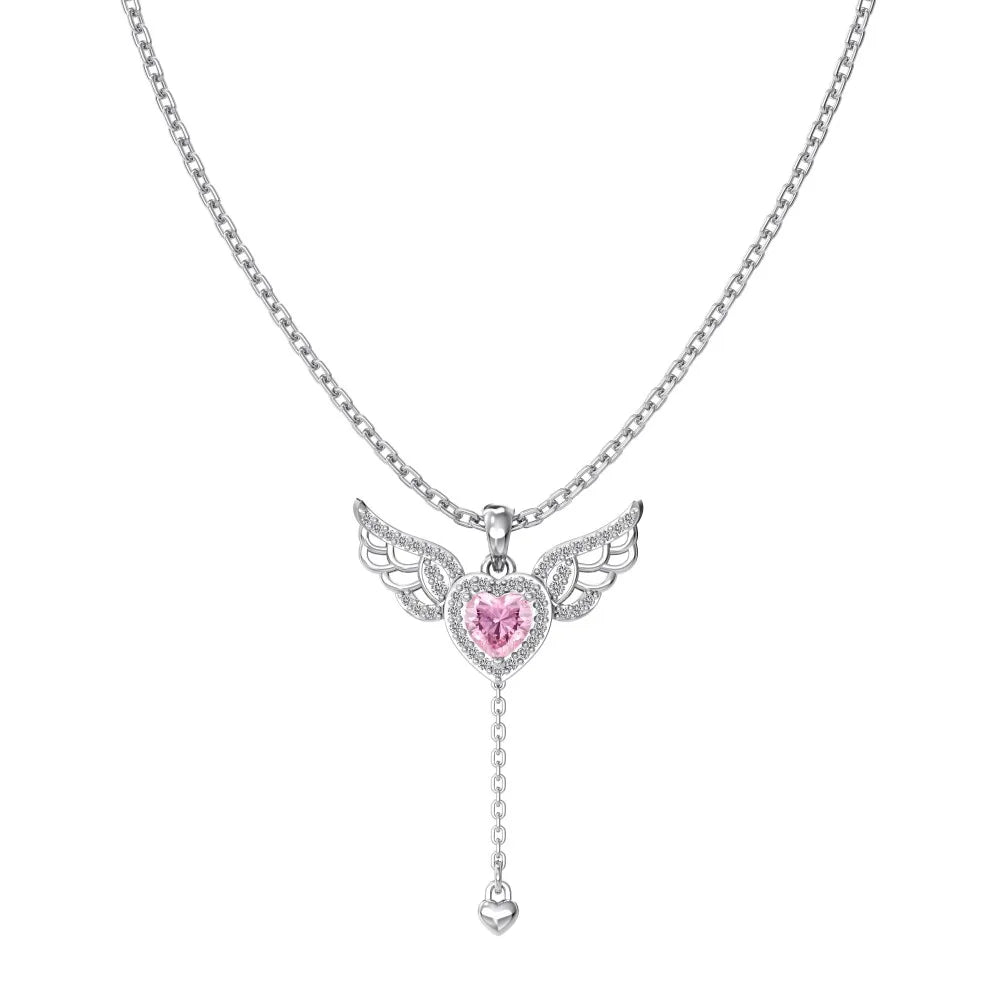 Silver Zircon Heart Cut Wings Pendant Necklace