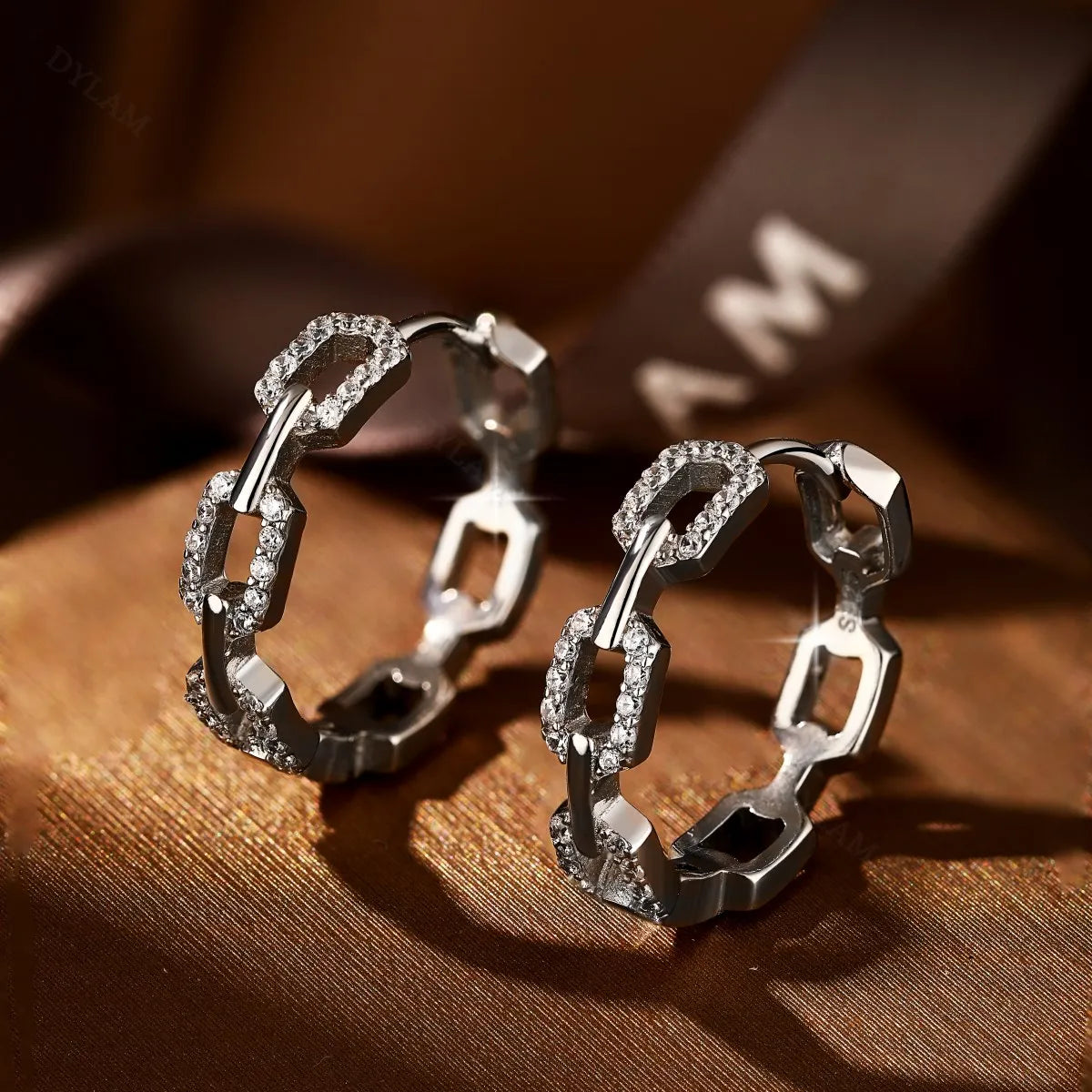 Silver Zircon Round Cut Chain Ear Hoops