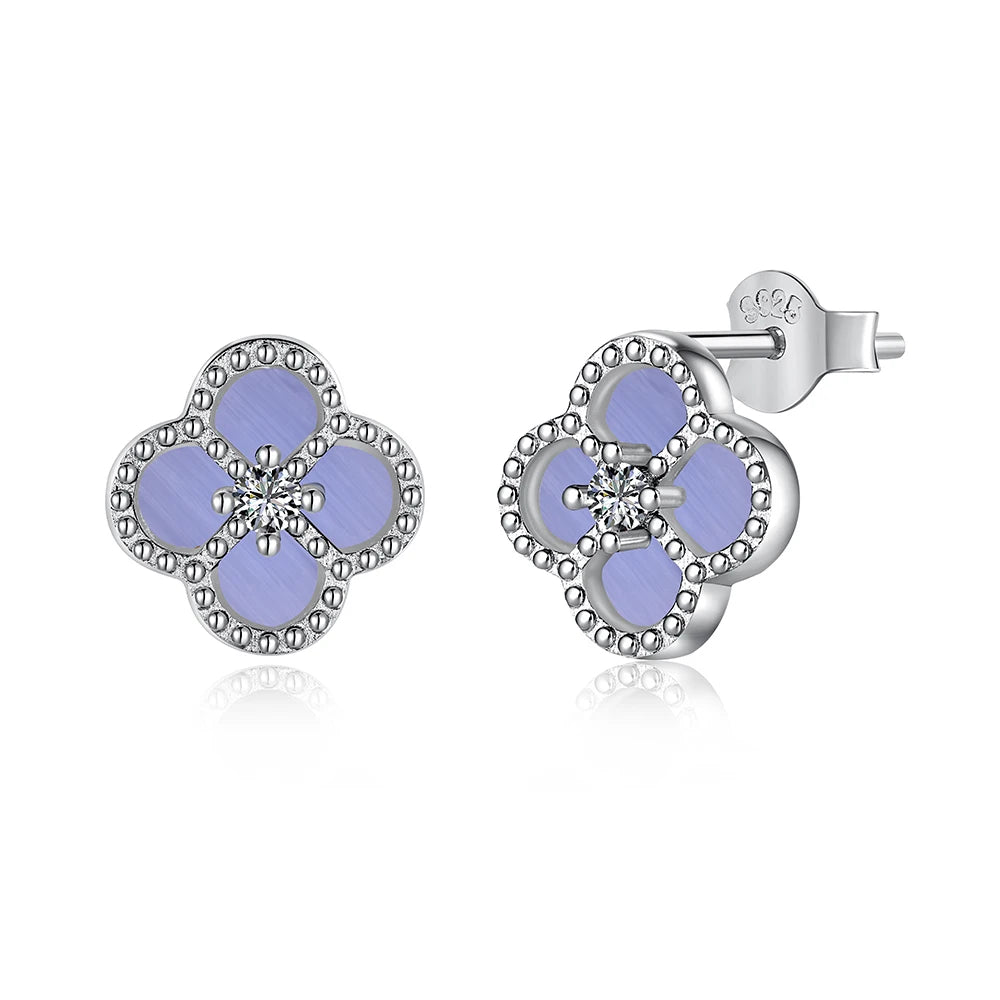 Silver Zircon Round Cut Clover Ear Studs