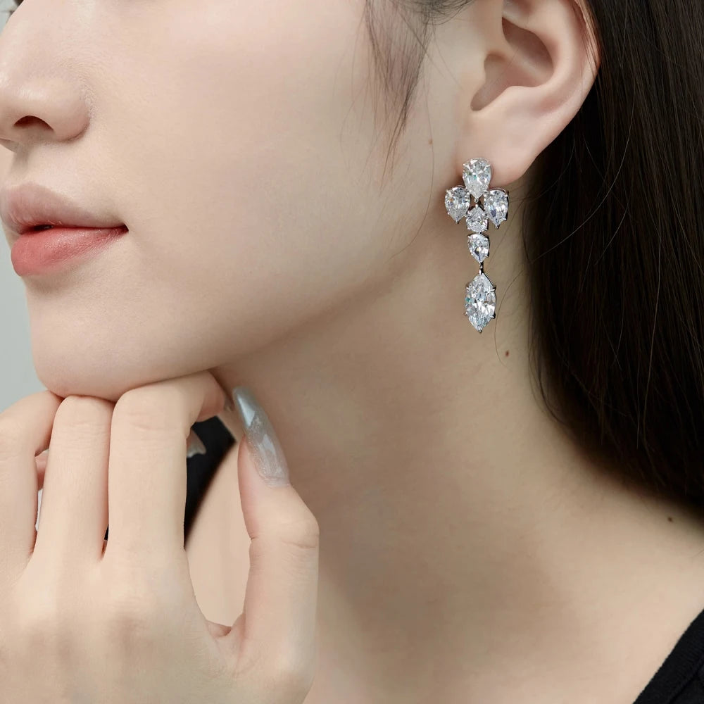 Silver Zircon Marquise Cut Dangle Drop Earrings