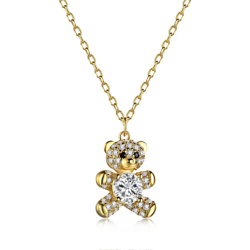 Silver Zircon Round Cut Bear Pendant Necklace
