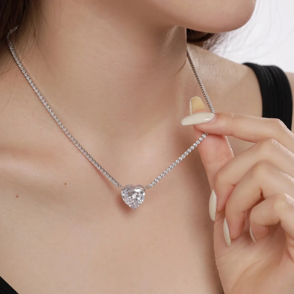 Silver Zircon Heart Cut Inlaid Tennis Necklace