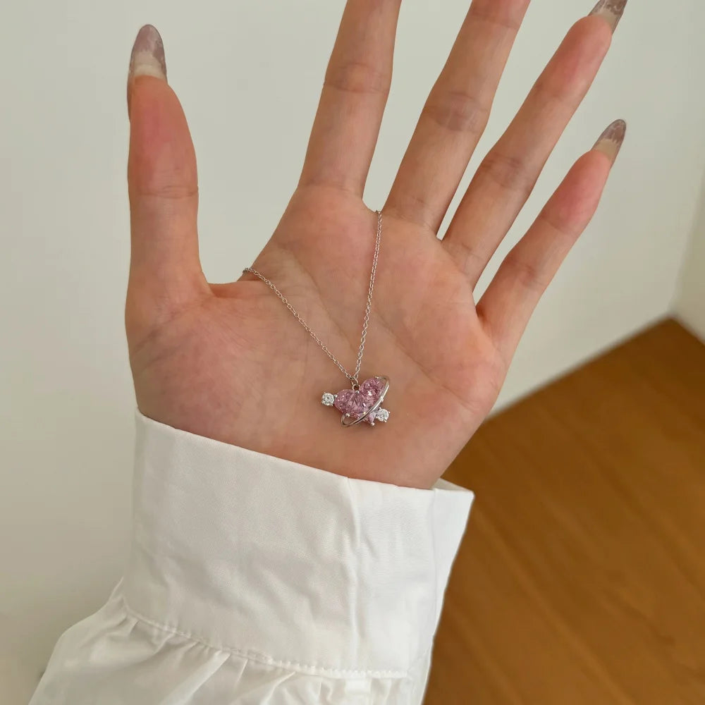 Silver Zircon Princess Cut Wrapped Heart Pendant Necklace