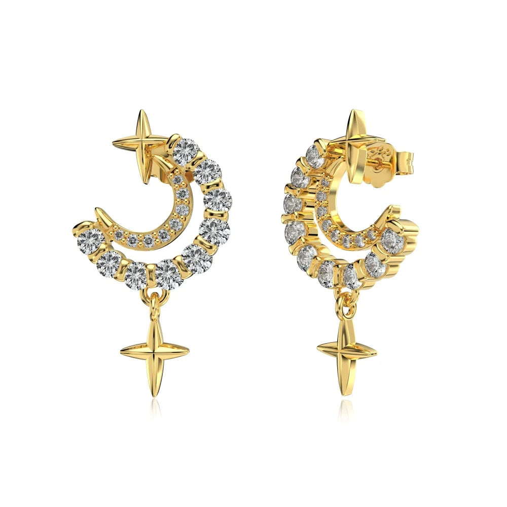 Silver Zircon Round Cut Moon Star Drop Earrings