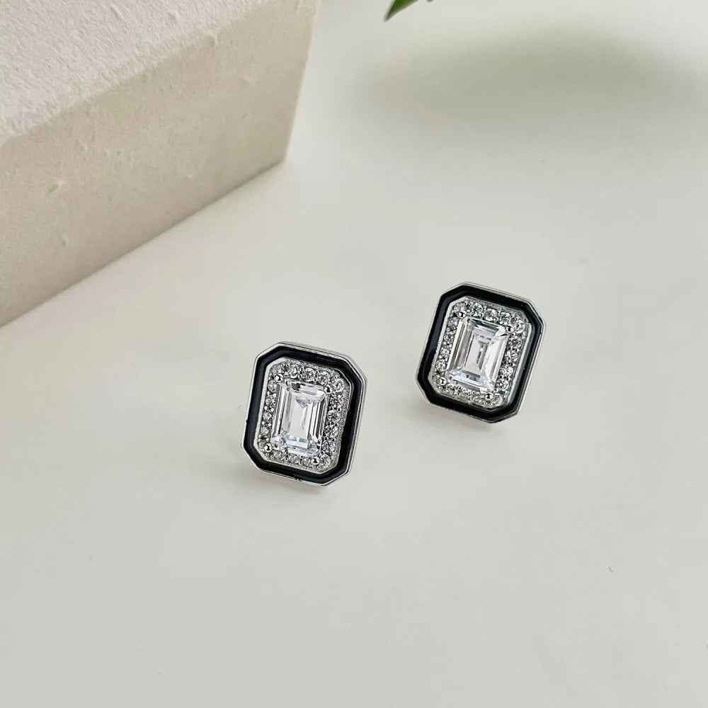 Silver Zircon Emerald Cut Halo Frame Ear Studs