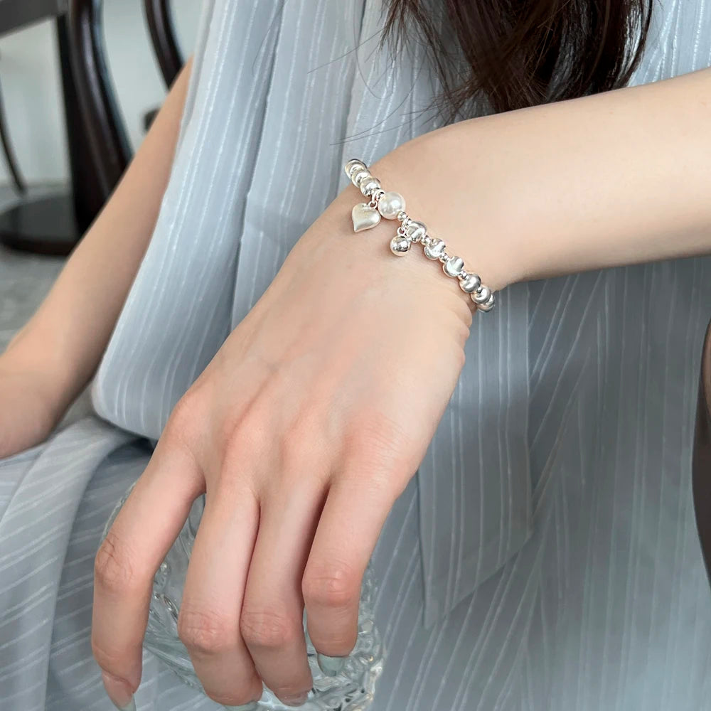 Silver Pearl Heart Bangle Beaded Bracelet