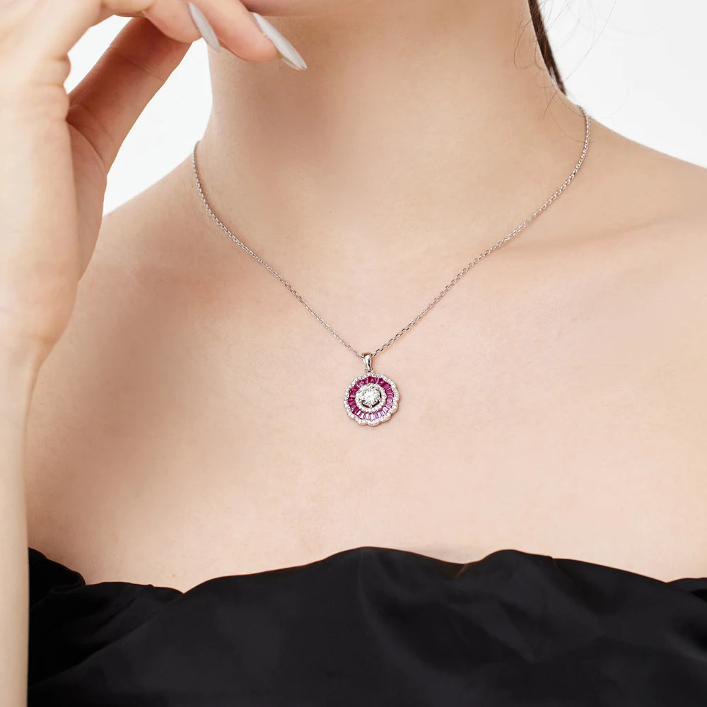 Silver Zircon Tapered Baguette Cut Halo Flower Pendant Necklace