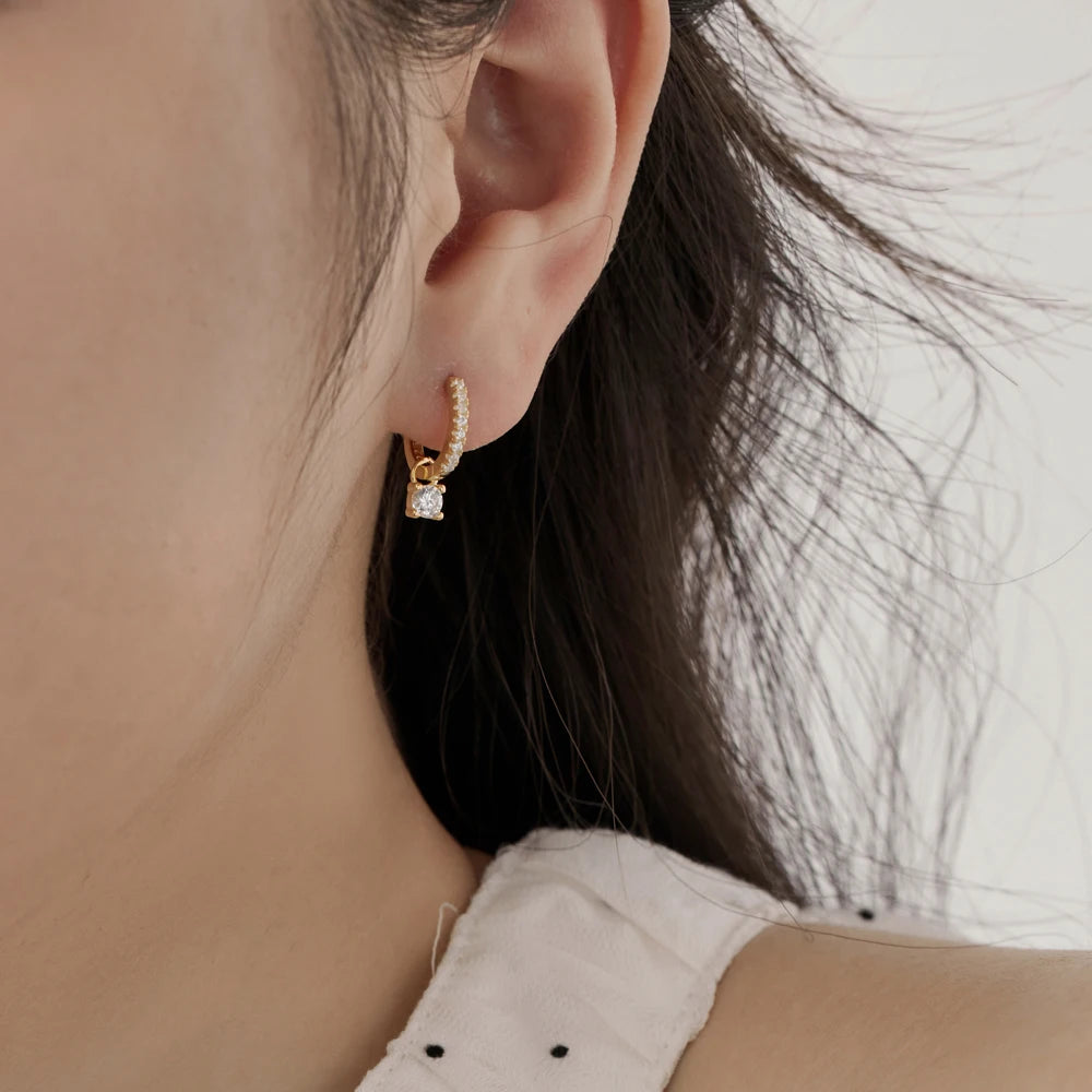 Silver Zircon Round Cut Drop Ear Hoops