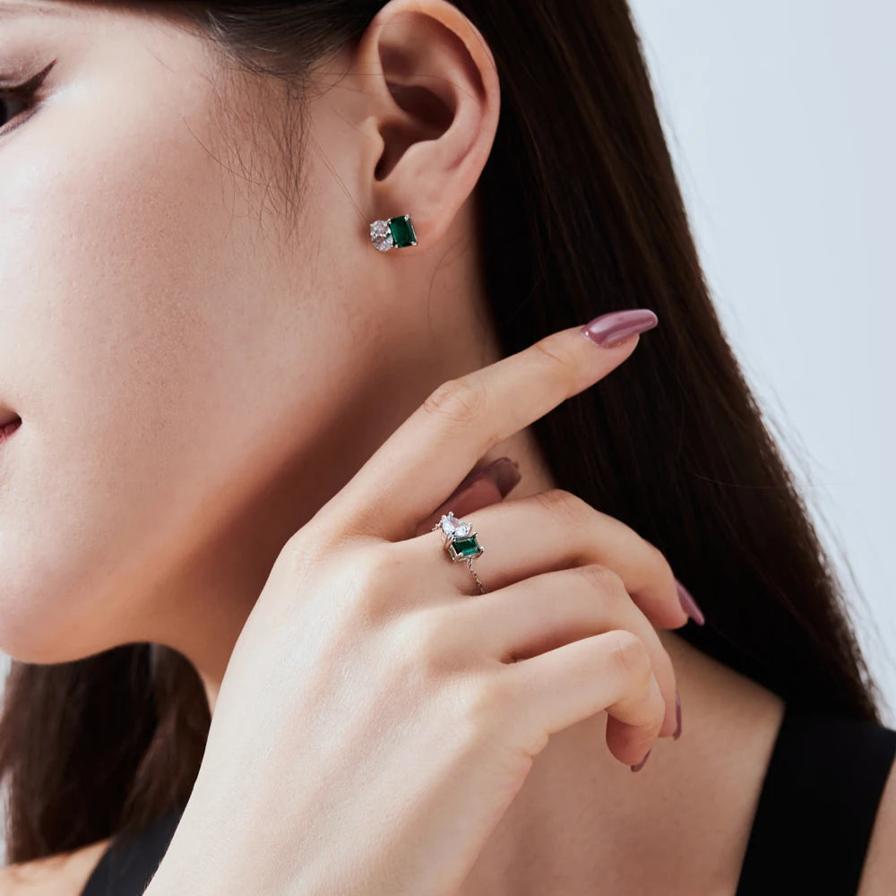 Silver Zircon Emerald Cut Multi Shape Ear Studs