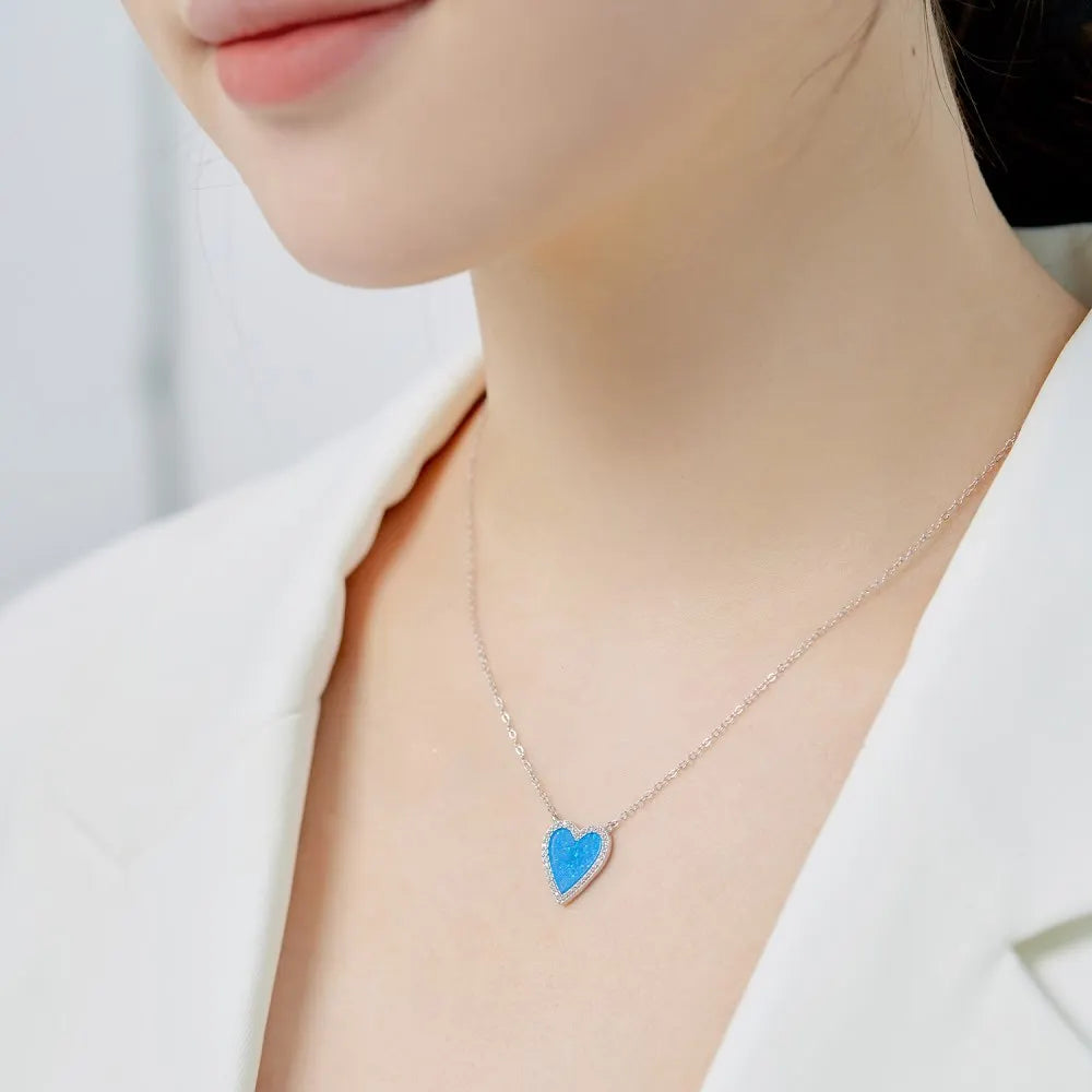 Silver Opal Heart Cut Halo Pendant Necklace