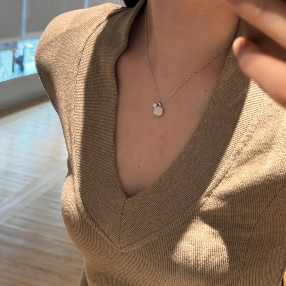 Silver Zircon Round Cut Block Pendant Necklace