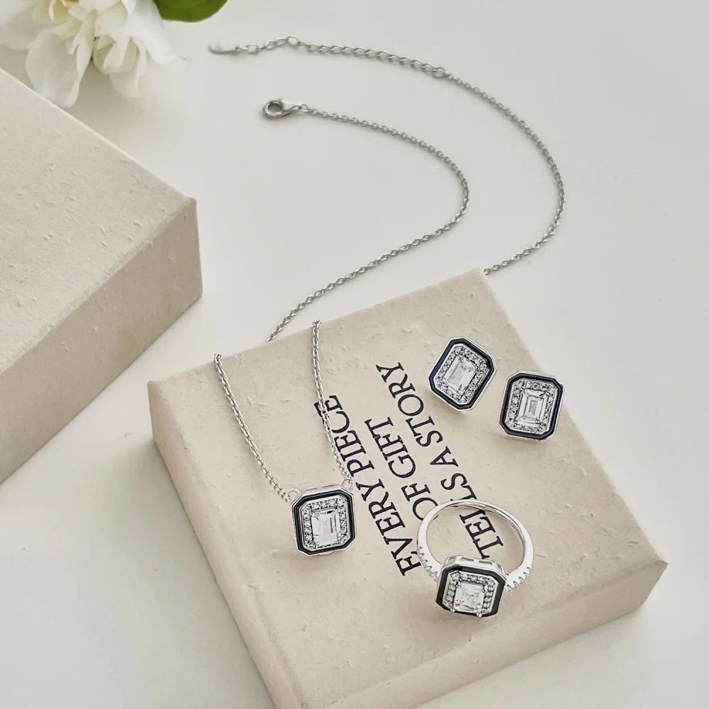 Silver Zircon Emerald Cut Halo Frame Ear Studs