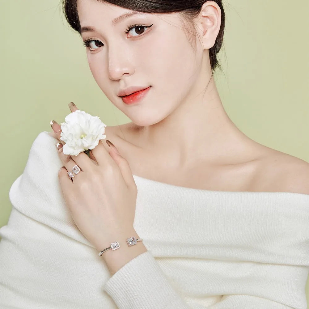 Silver Zircon Radiant Cut Open Bangle Bracelet