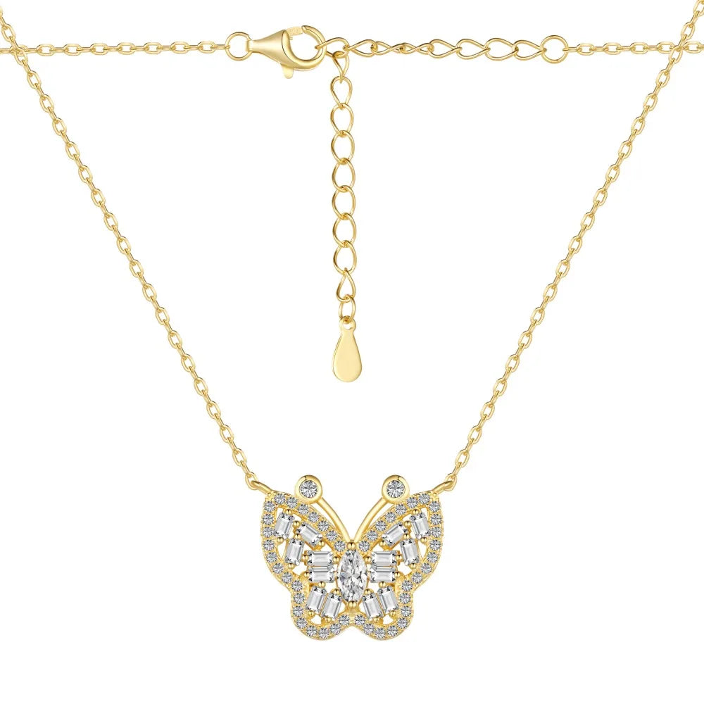 Silver Zircon Marquise Cut Iced Butterfly Pendant Necklace