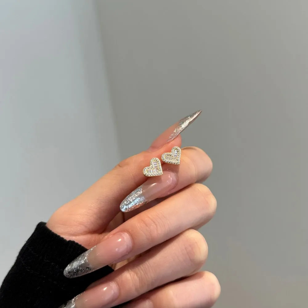 Silver Zircon Princess Cut Inlaid Heart Ear Studs
