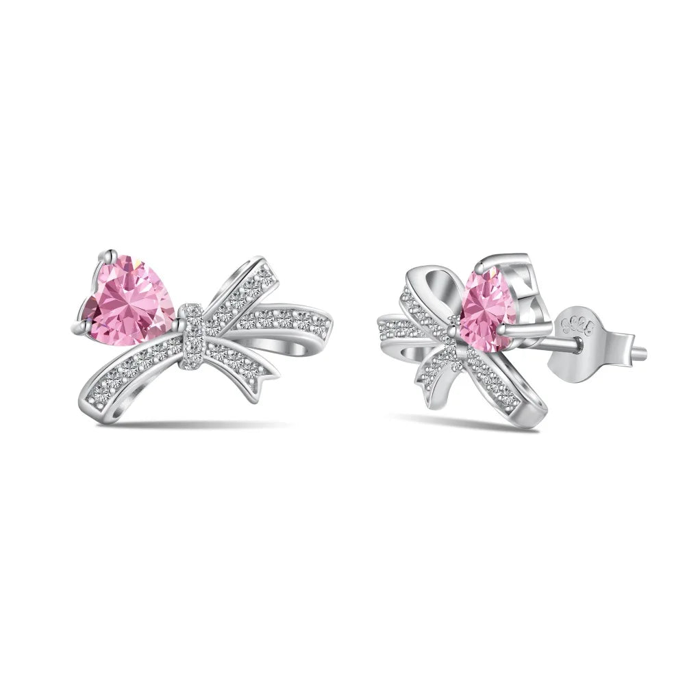 Silver Zircon Heart Cut Bow Knot Ear Studs