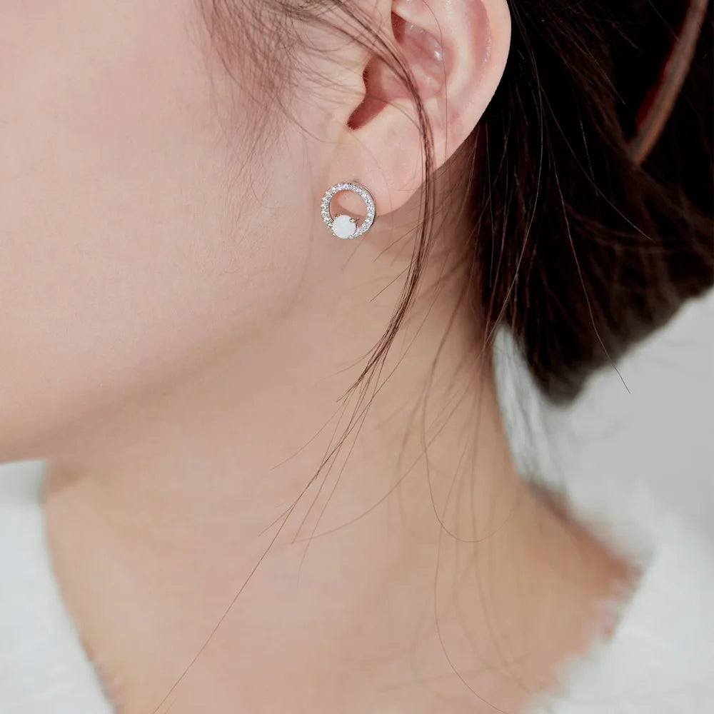 Silver Opal Round Cut Halo Disc Ear Studs