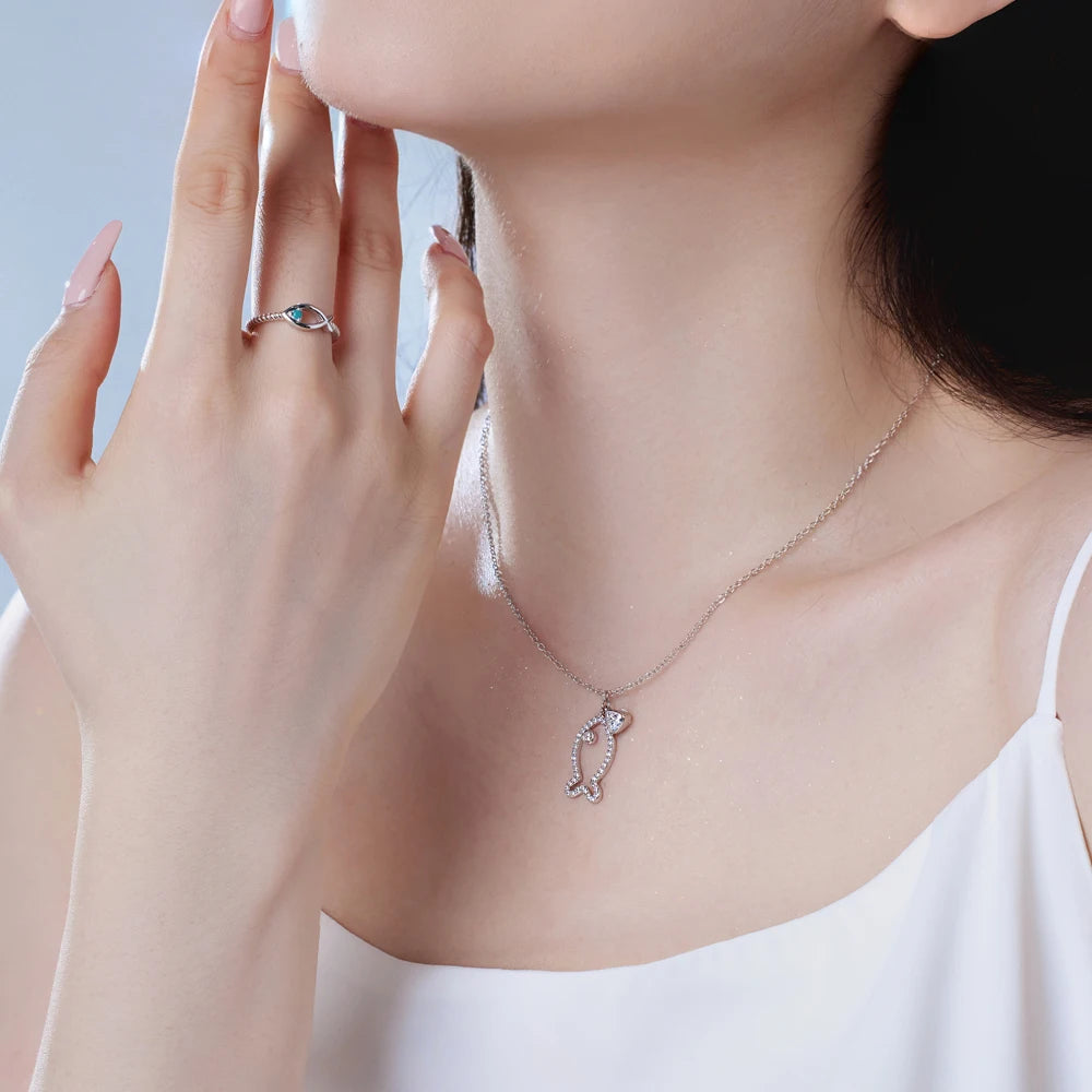 Silver Zircon Trillion Curved Cut Fish Pendant Necklace