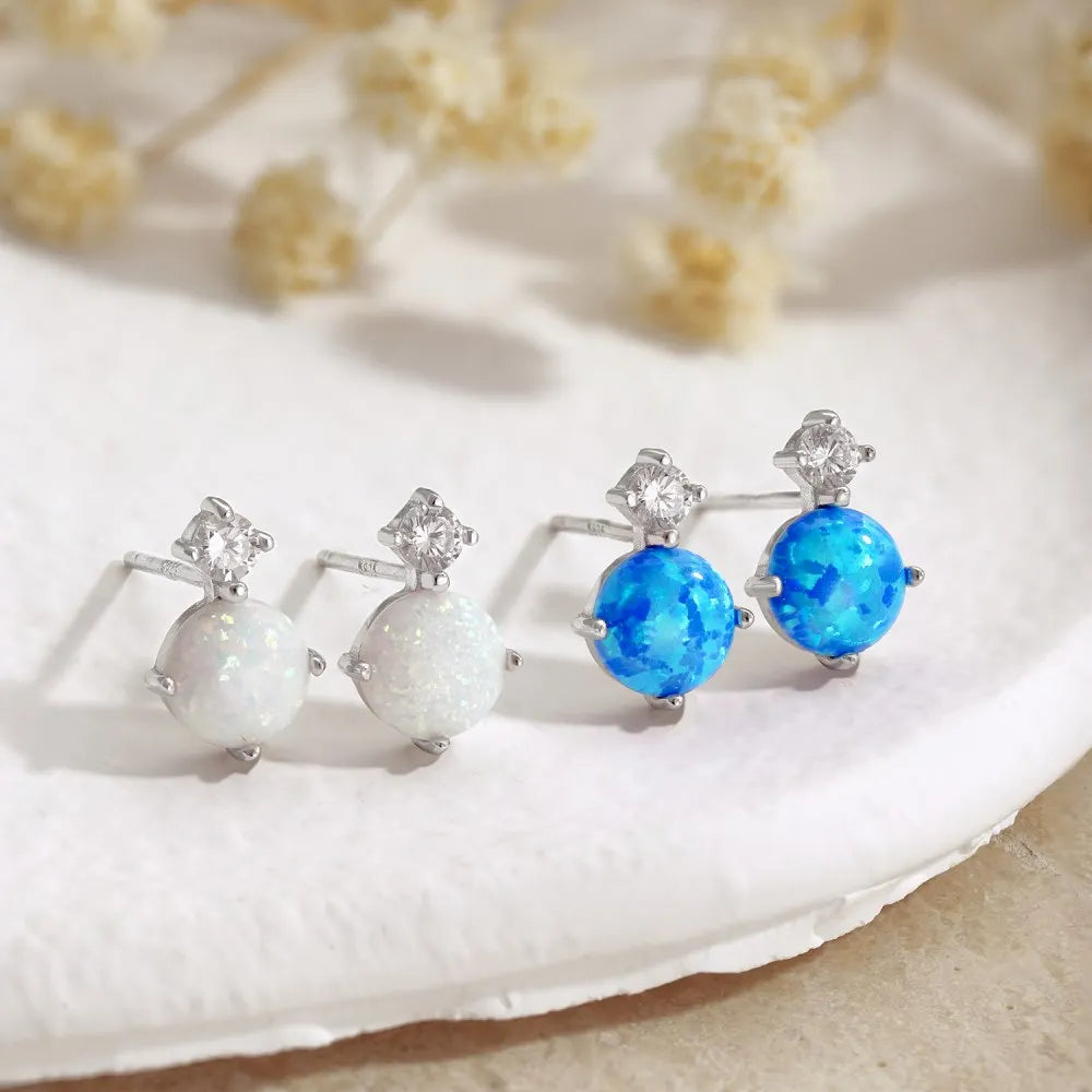 Silver Opal Round Cut Simple Ear Studs