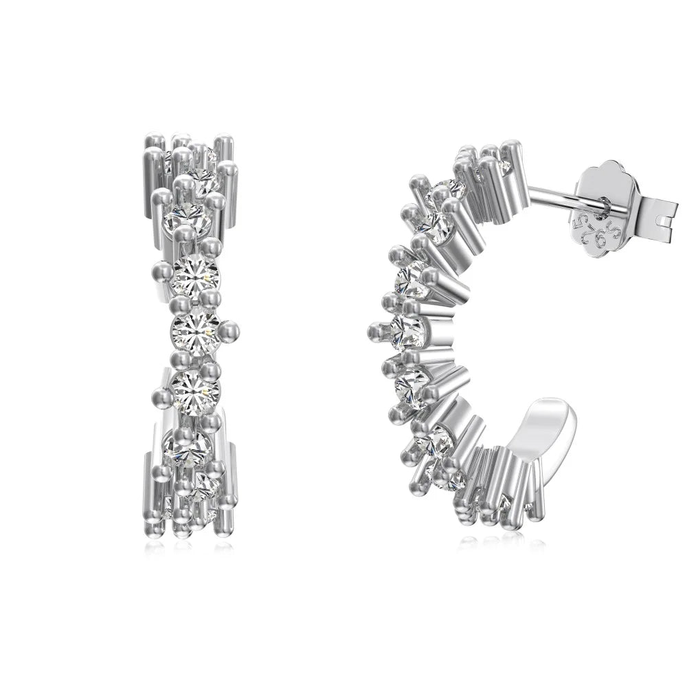 Silver Zircon Round Cut Hook Inlaid Ear Hoops