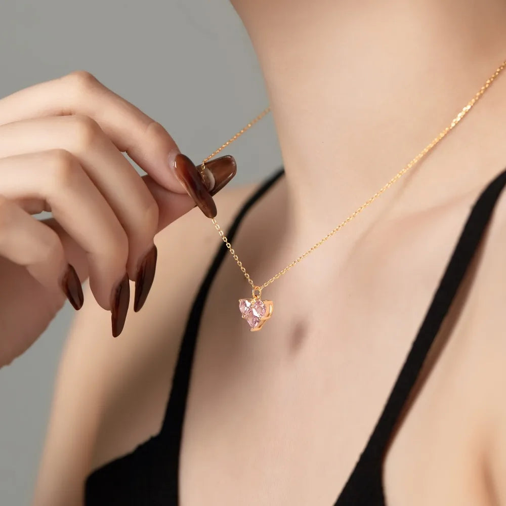 Silver Zircon Princess Cut Inlaid Heart Pendant Necklace