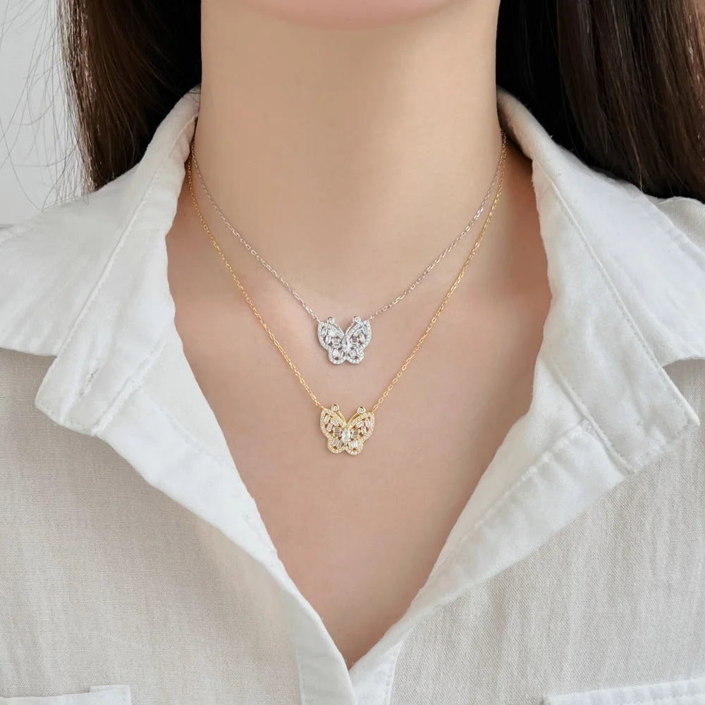 Silver Zircon Marquise Cut Iced Butterfly Pendant Necklace