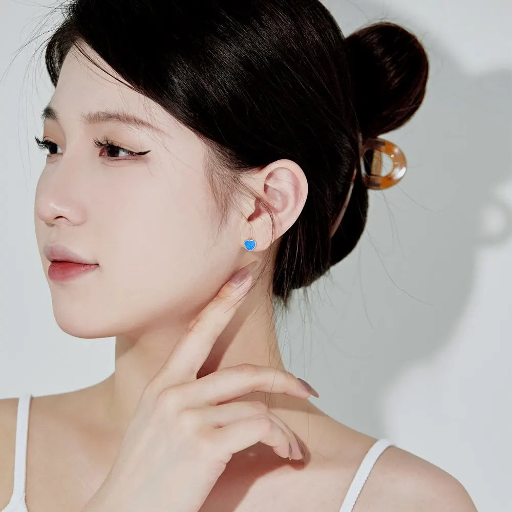 Silver Opal Heart Cut Simple Ear Studs