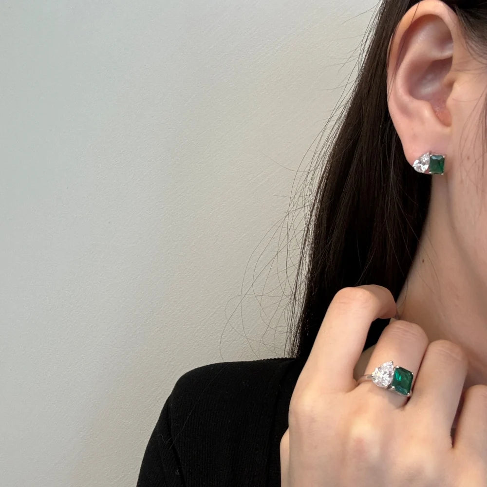 Silver Zircon Emerald Cut Inlaid Multi Shape Ear Studs