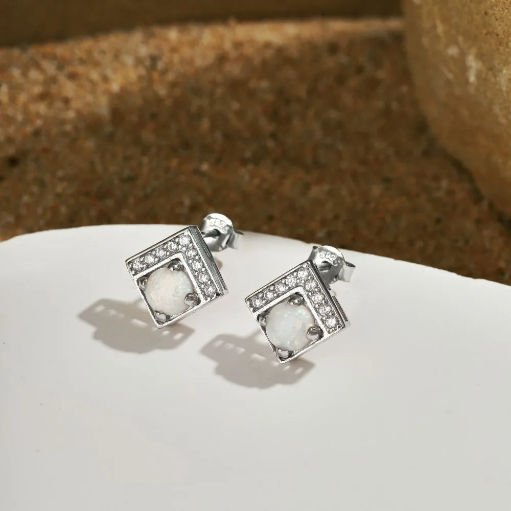Silver Opal Round Cut Squared Ear Studs