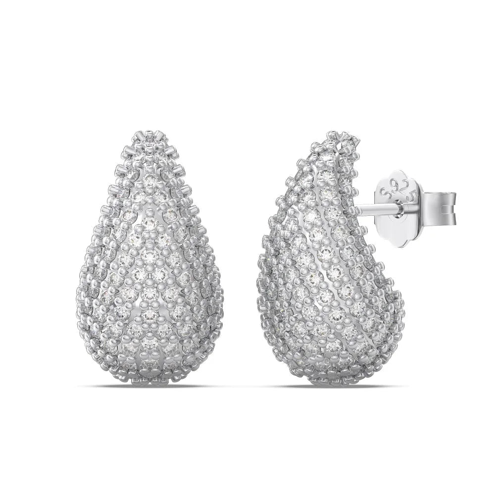 Silver Zircon Round Cut Iced Water Drop Ear Studs