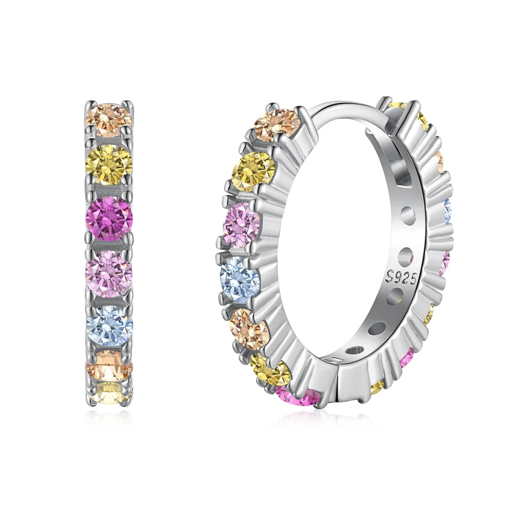 Silver Zircon Round Cut Inlaid Ear Hoops