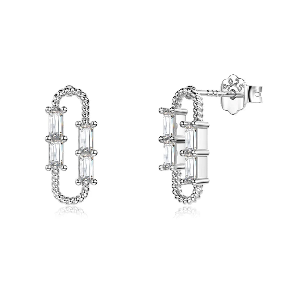 Silver Zircon Baguette Cut Paper Clip Ear Studs